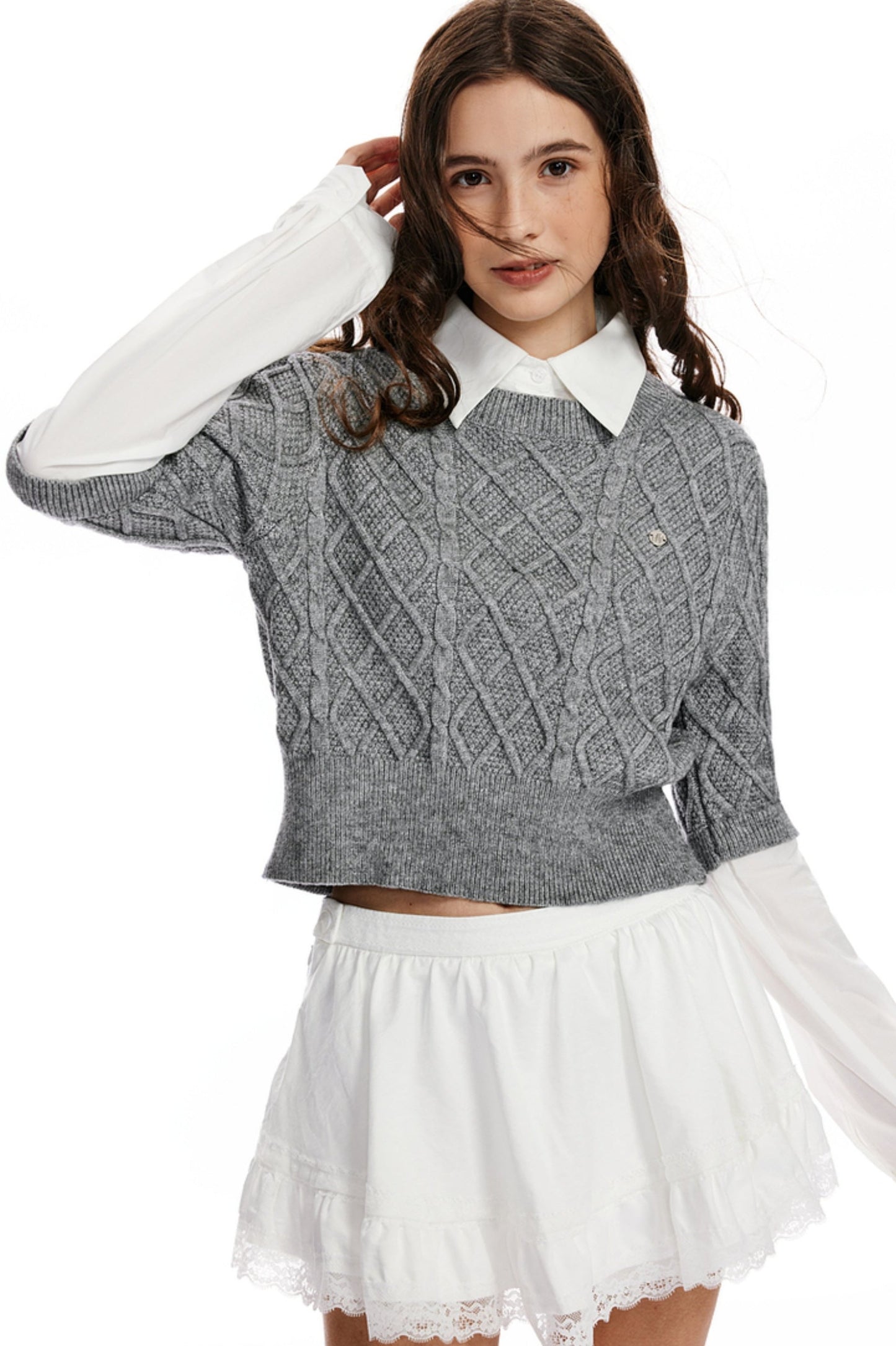 Shirt Collar Stitched Knit Sweater