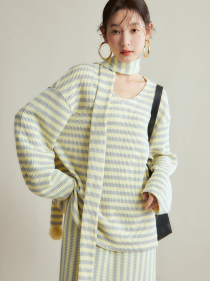 Contrast stripe scarf pullover knit top skirt set