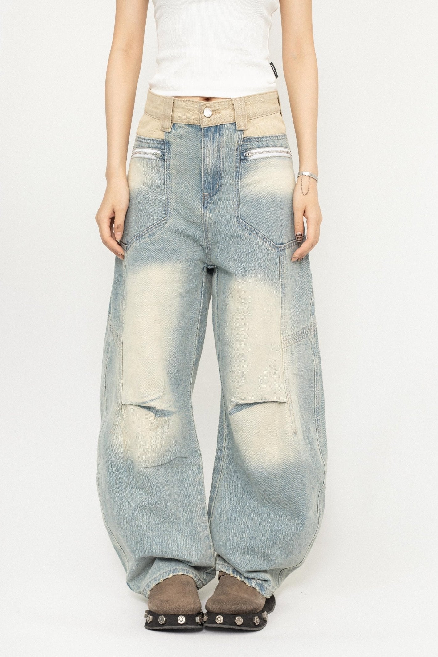 OCTTFLAB American high street stitched contrasting denim trousers design sense hot girl slim washed wide-leg trousers