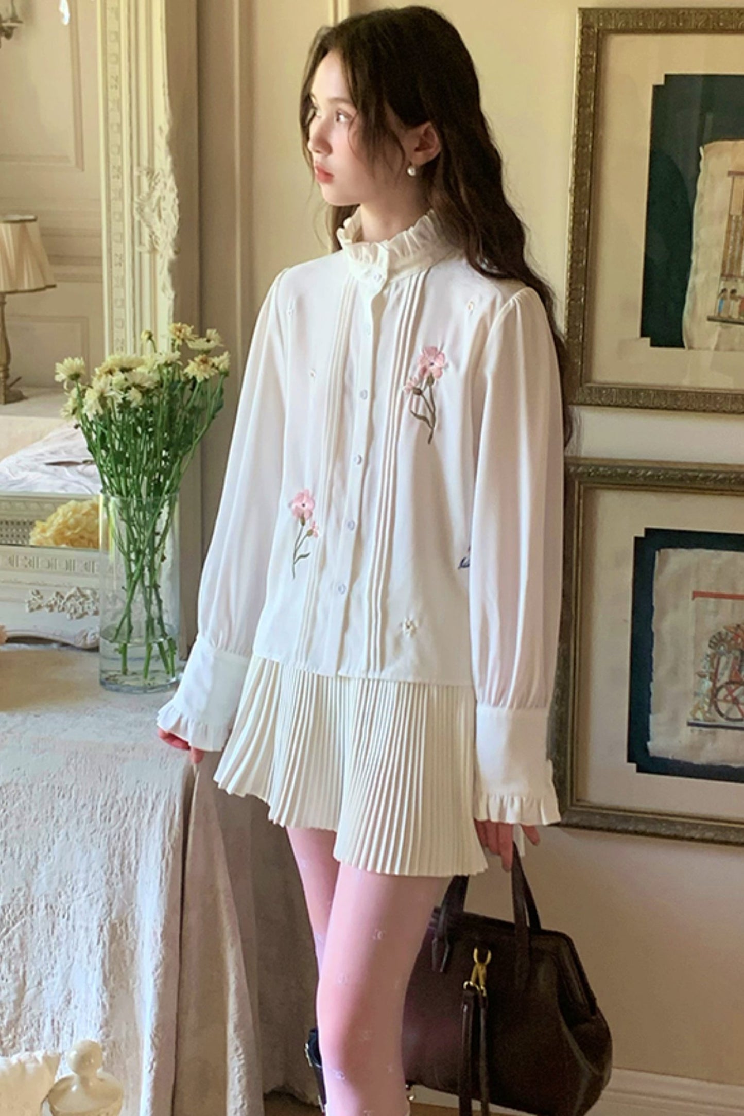 [9.19 20 o'clock new] spring tea peach peach flower long-sleeved shirt cold high-end temperament shirt women