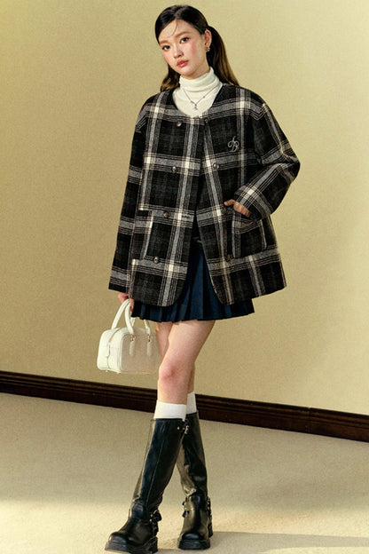 Versatile Checked Woolen Jacket