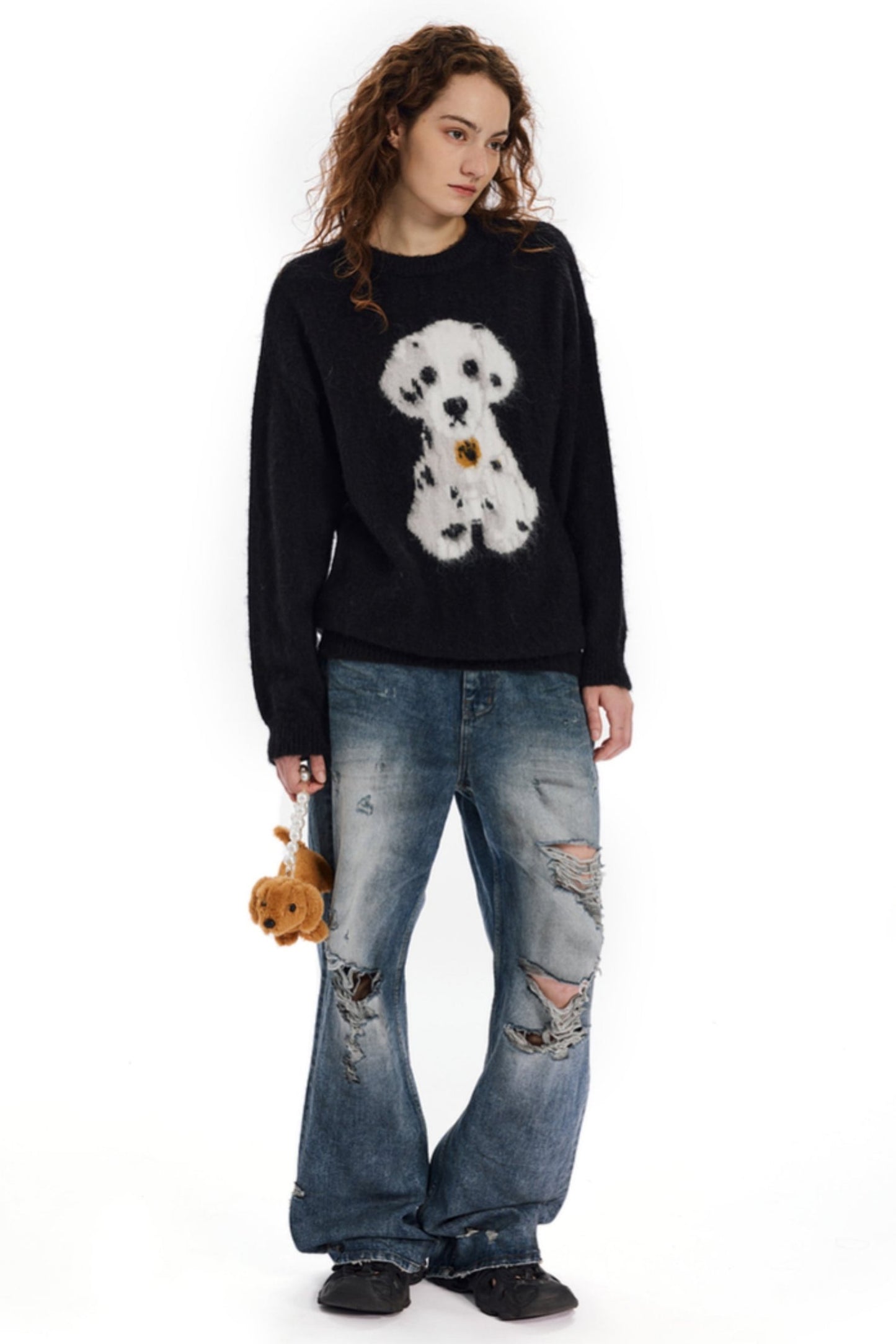 APEA American Mohair Dalmatiner Jacquard Lose Pullover Slouchy Crewneck Langärmliges Strickoberteil