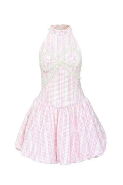 Pearl Bow Pink Check Bud Skirt Dress