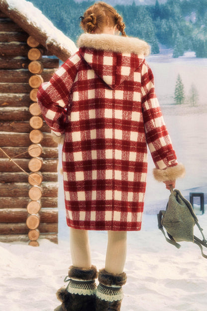 Fur Collar Tartan Hooded Coat