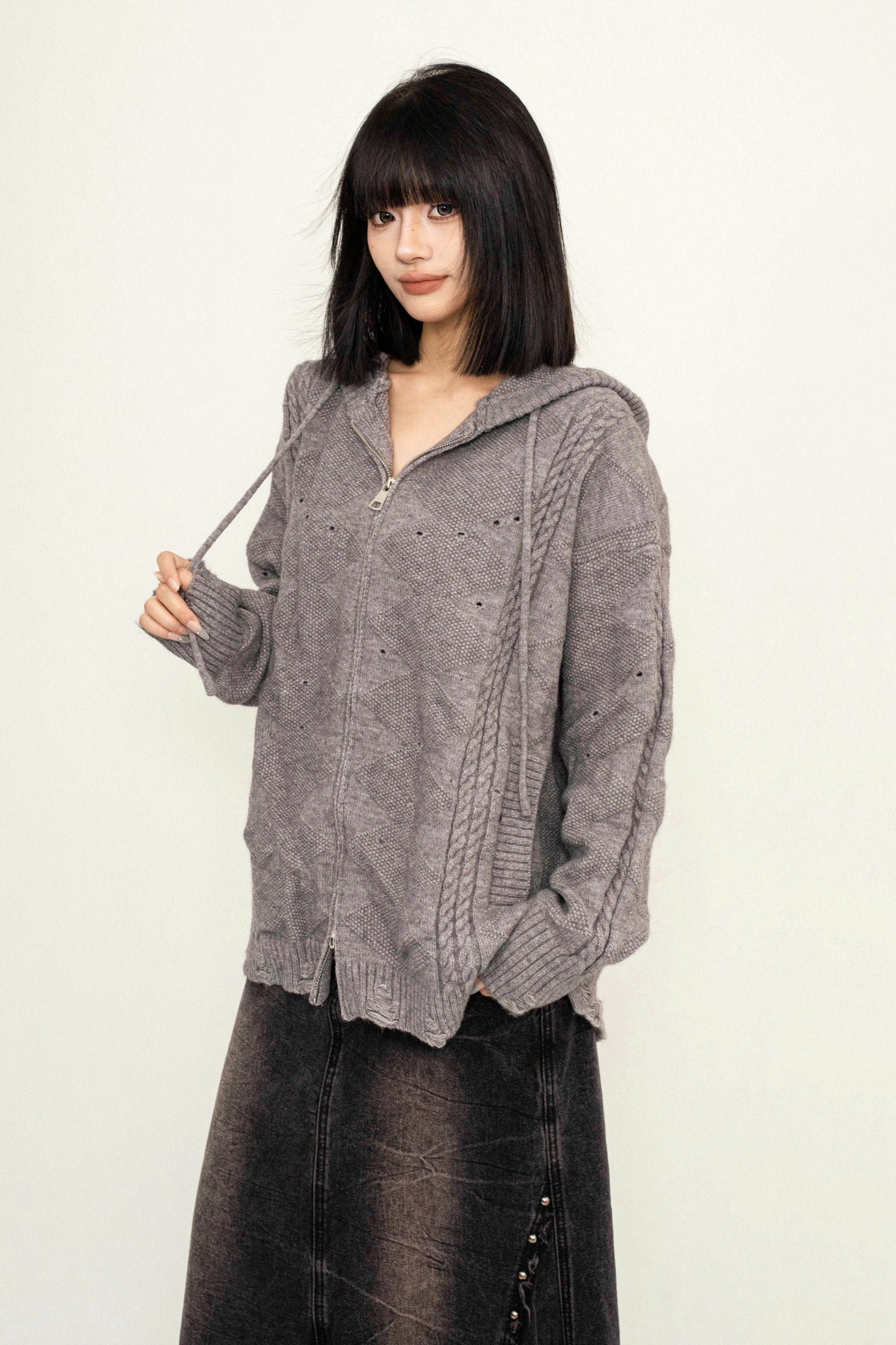 OCTTFLAB Fall/Winter Loose Hooded Double Zip Sweater Jacket Versatile Trim Casual Knit Top Women