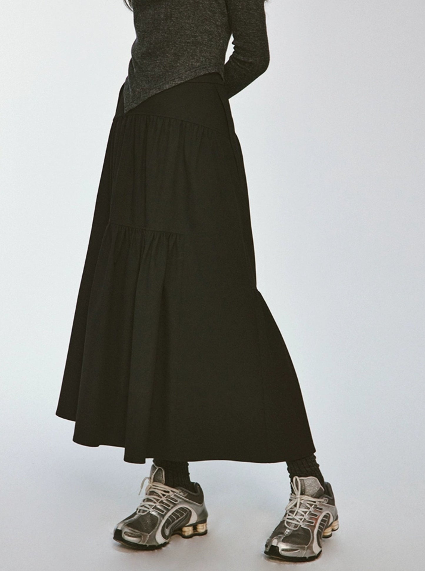 Deep Black Dense Pleated French Skirt