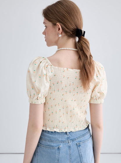 V-Neck Slim Fit Floral Puff Top