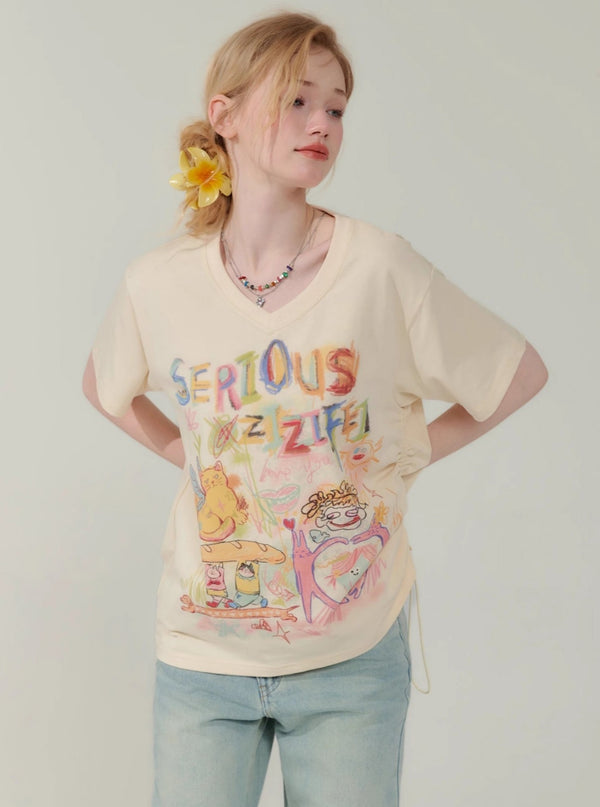 Print V-Neck Drawstring T-Shirt