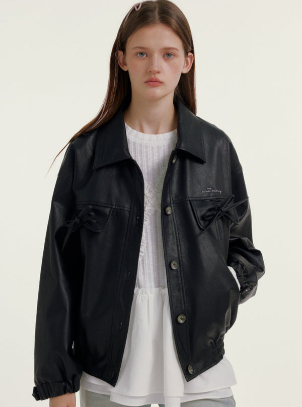 Bow Pocket Pink Alphabet Leather Jacket