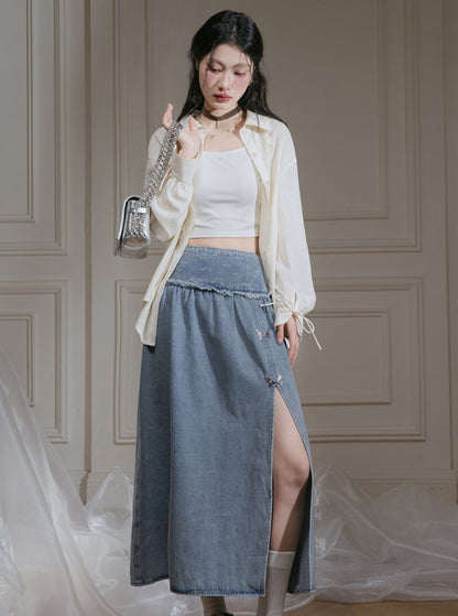 Butterfly Jacquard Denim Top Skirt Set