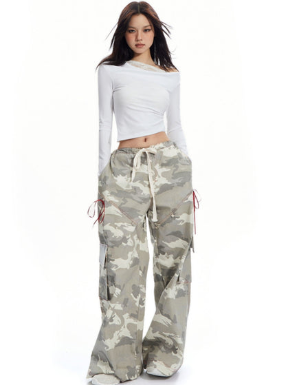 APEA American Vintage Print Drawstring Camouflage Cargo Pants 2024 Sommer Neue Loose Straight Casual Wide-leg Pants