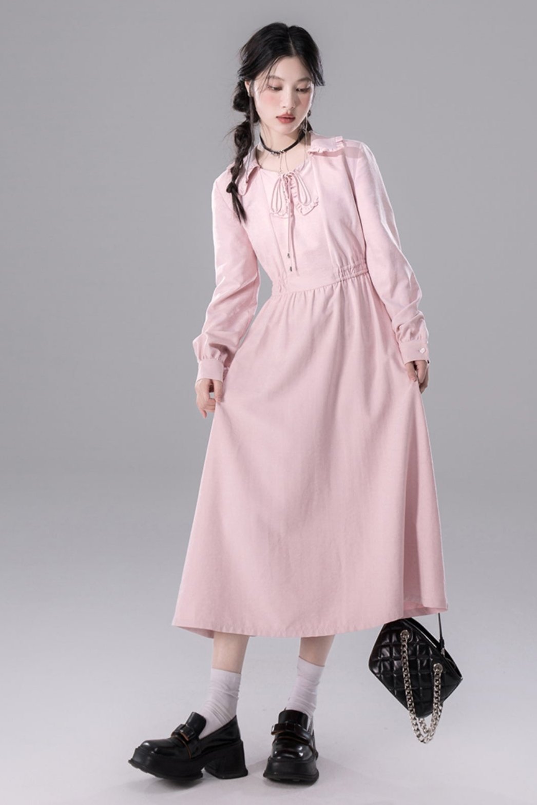 Pink Crimson Roll-Neck Lace Dress