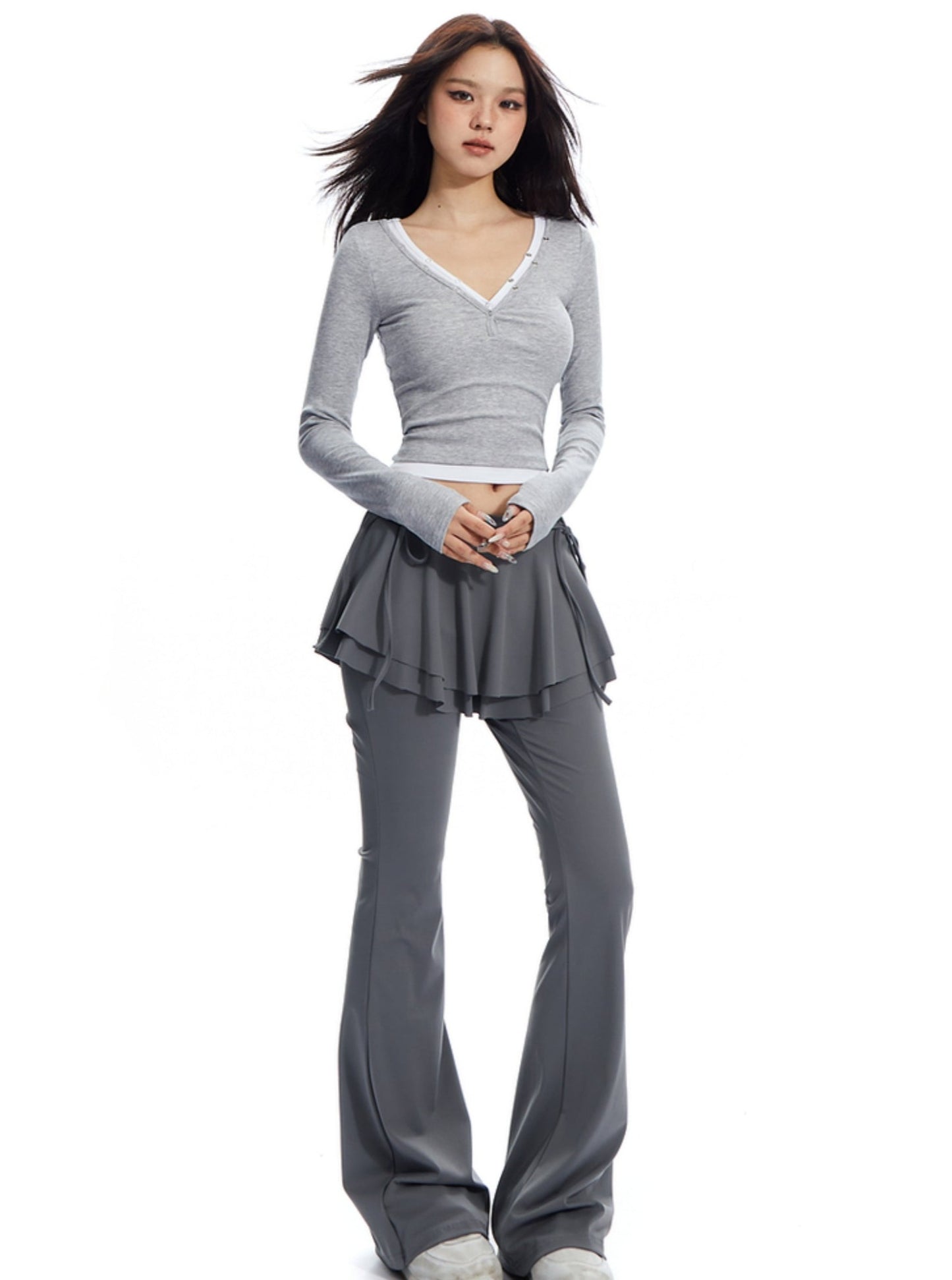 APEA New Balletcore Ruffle Tie Bow Stretch Slim Slightly Flared Skirt Pants Women