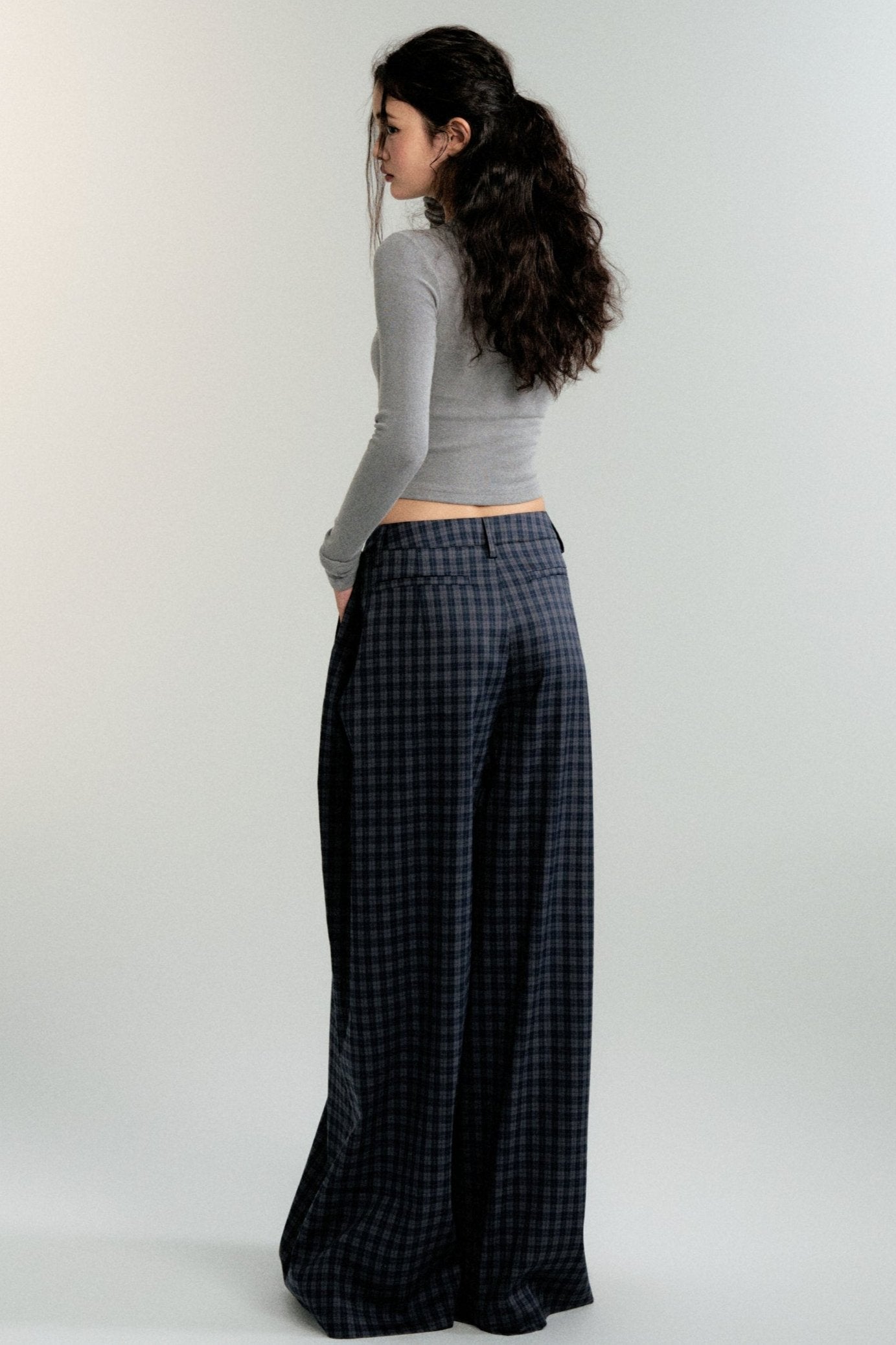 Antique Navy Plaid Wide-Leg Pants