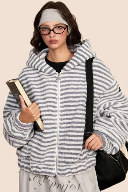 EZEK American retro striped hooded thickened cotton jacket for women in autumn and winter new loose short trendy brand cotton jacket