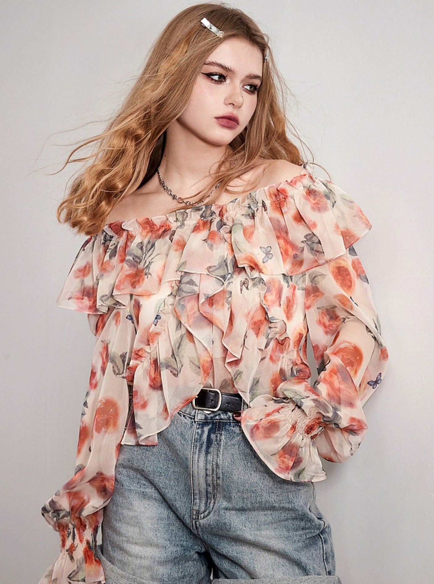 One-Shoulder Floral Chiffon Tea Break Top