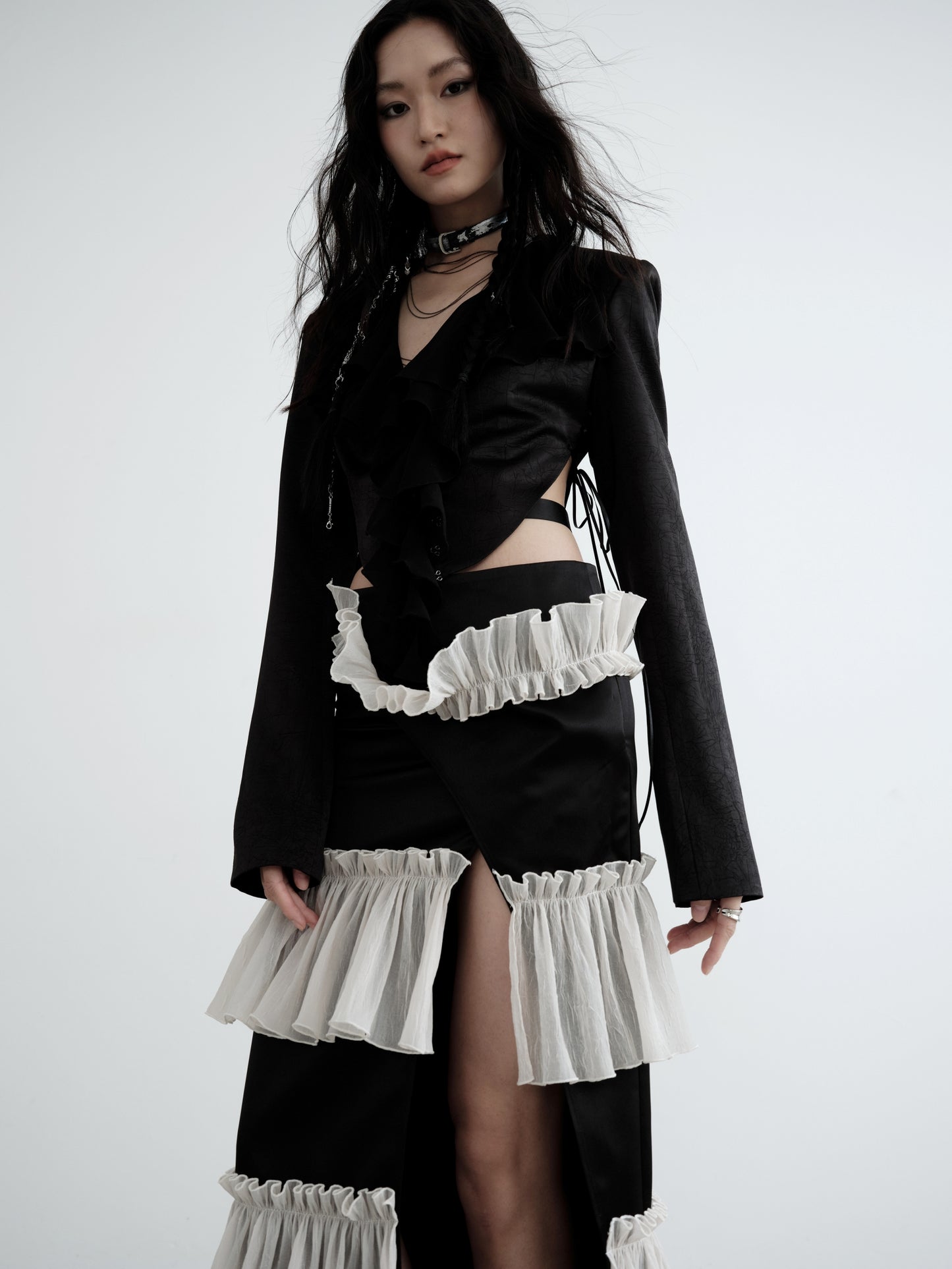 Waistless Pleated Textured Satin Coat