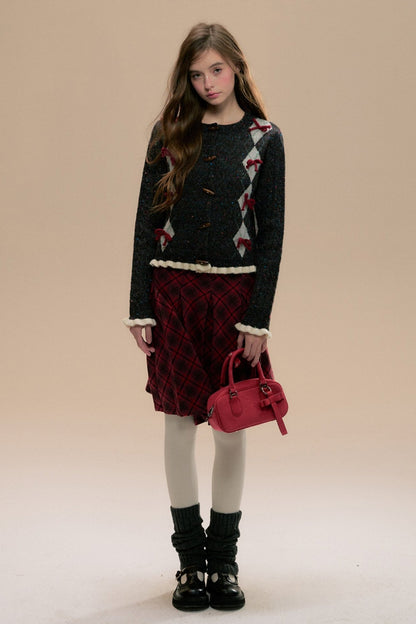 Red Check Tweed Pleated Skirt