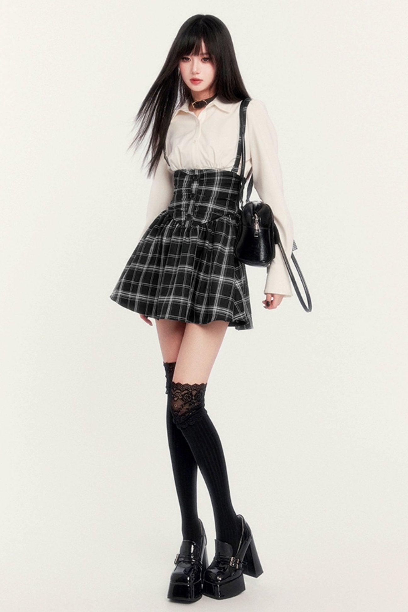 High WAIST HERRINGBONE CHECK STRAP SKIRT