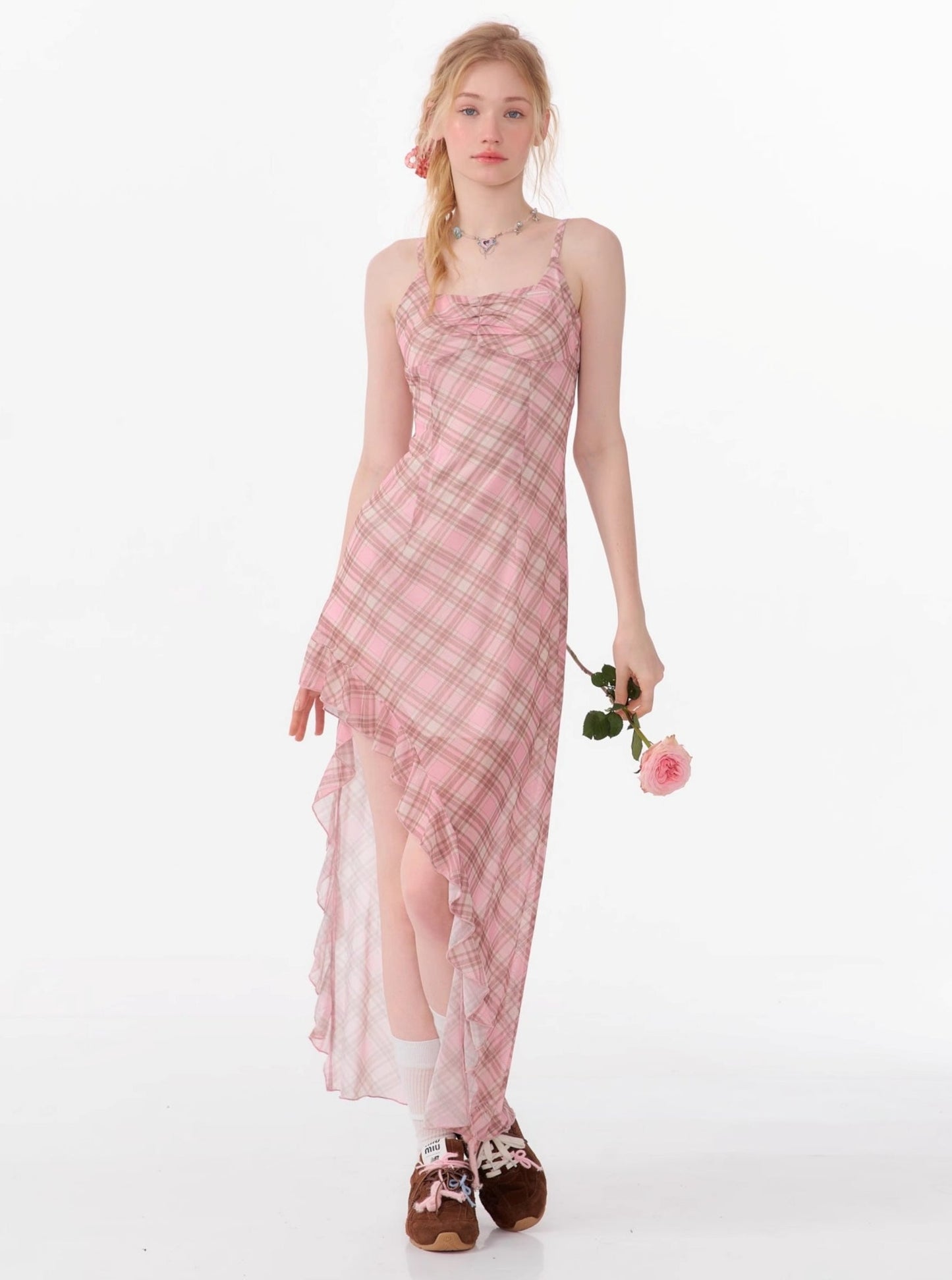 Pink Check Irregular Slip Dress