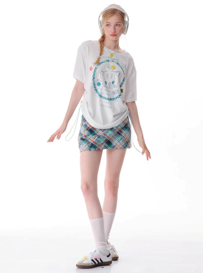 Loose Cat Print Drawstring T-Shirt