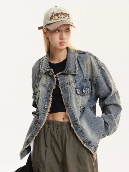 Washed Denim Raw-Edged Retro Jacket