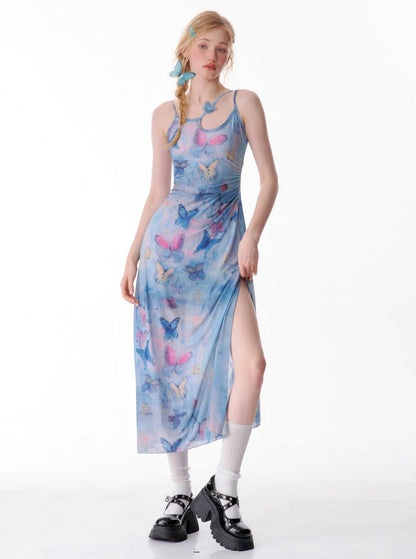 Butterfly Graffiti Print Slip Dress