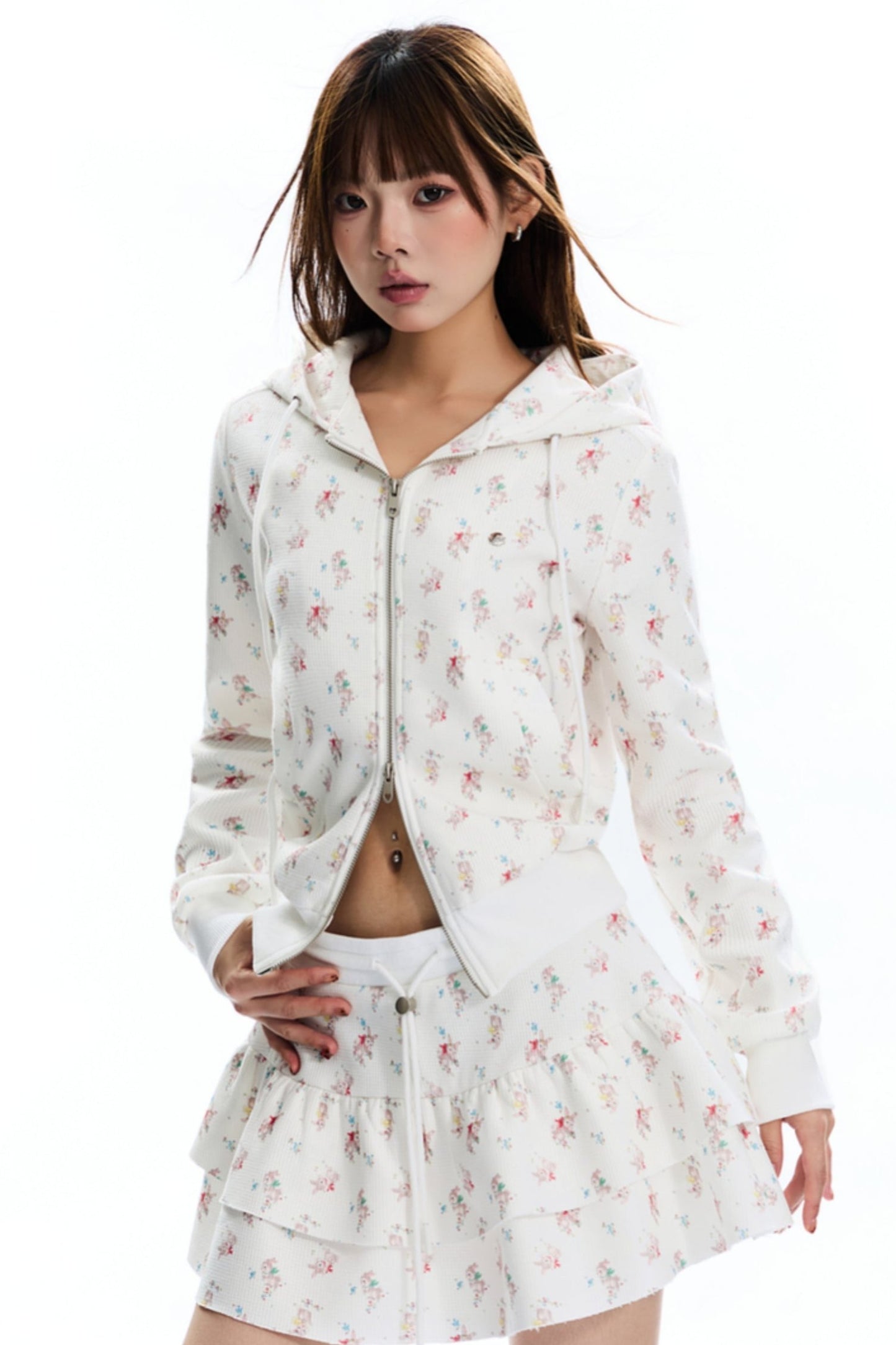 Floral Waffle Hooded Cardigan Jacket