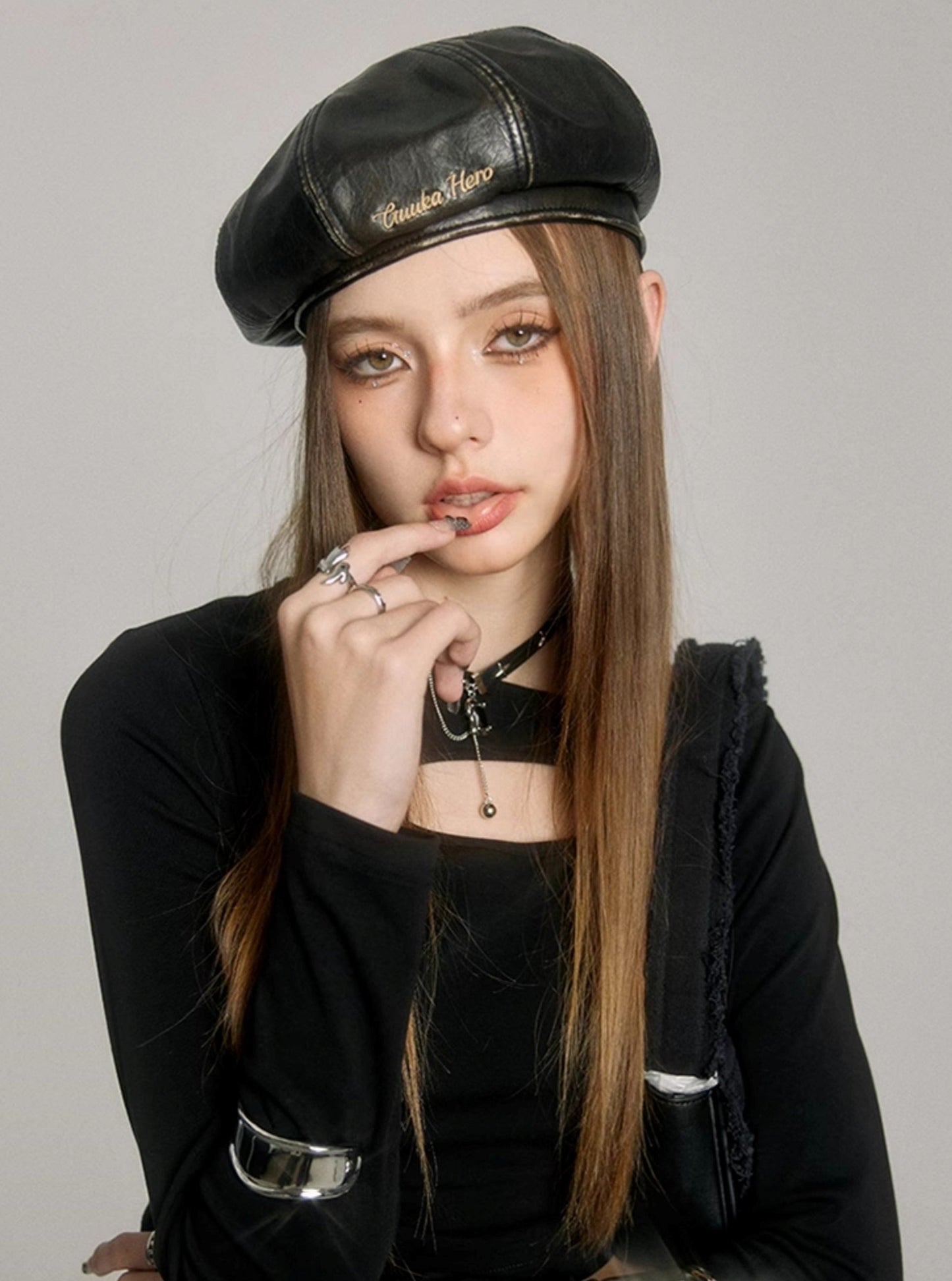 Black Embossed PU Pi Beret Hat