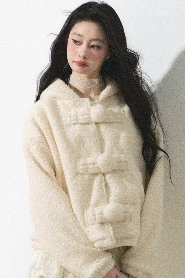 아몬드 크림 벨벳 후드 자켓 