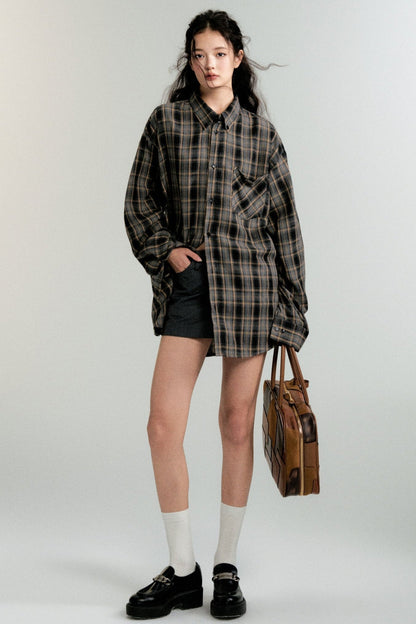 Color-Block Loose Check Long-Sleeed Shirt