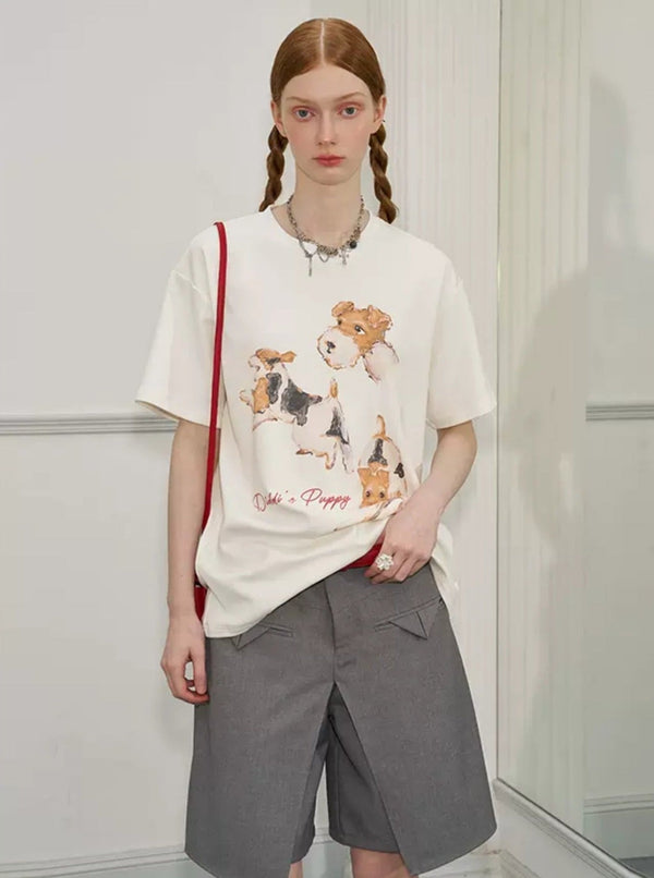 Puppies Funny Pose Print Loose T-Shirt