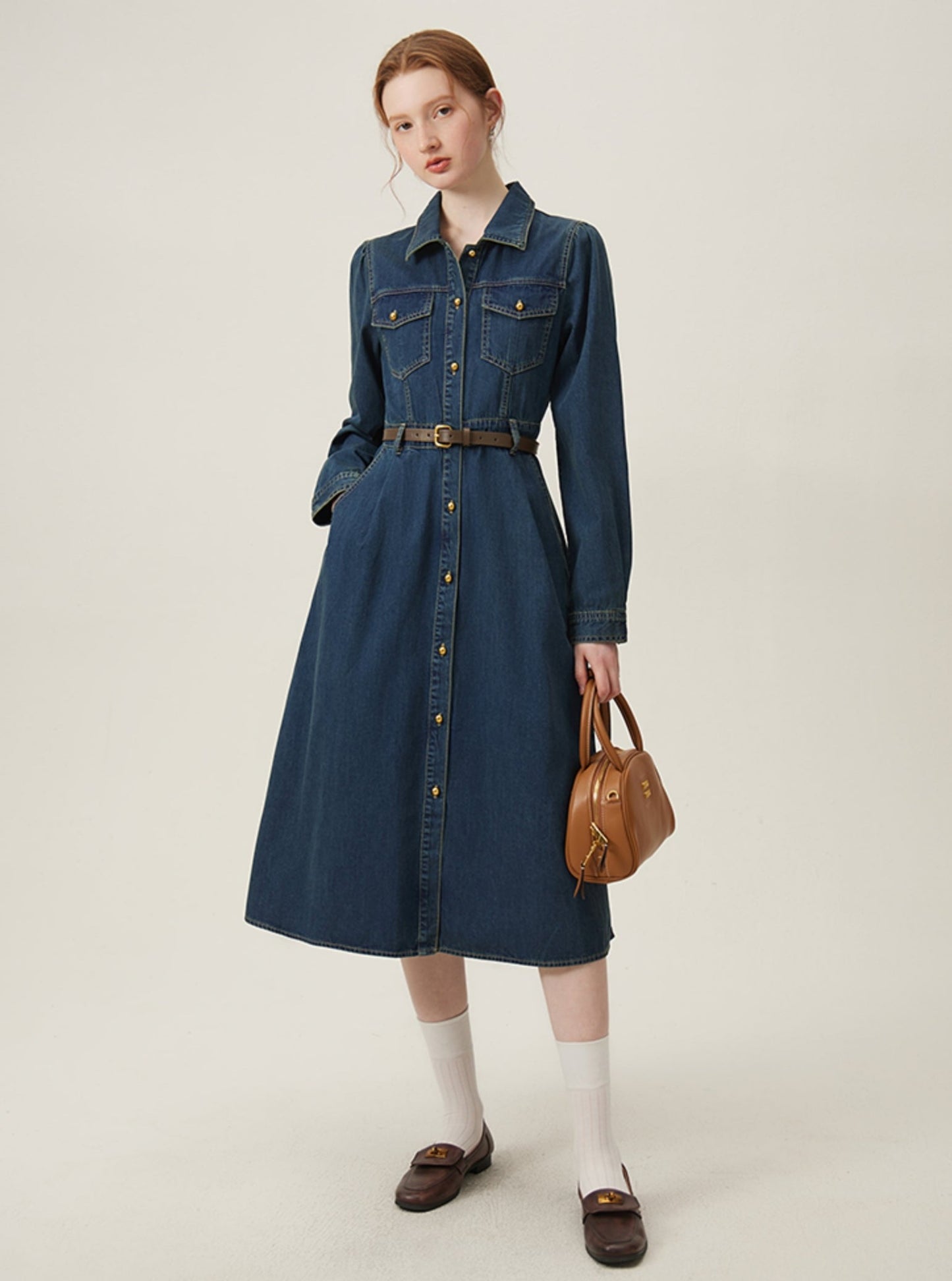 French Vintage Langärmeliges Denim-Kleid