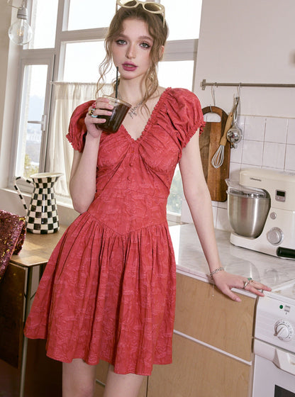 Red Jacquard Slimming French Dress