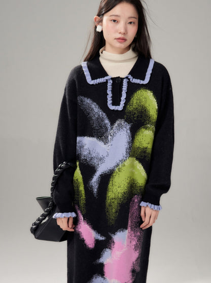 landscape bird polo knit dress