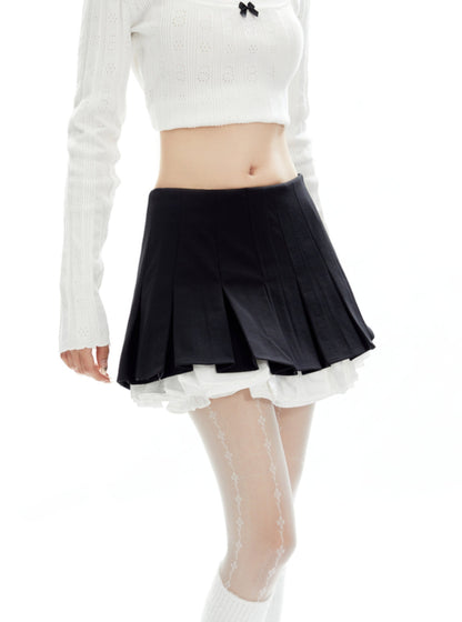 Retro Contrast Fake Two Pleated Skirt