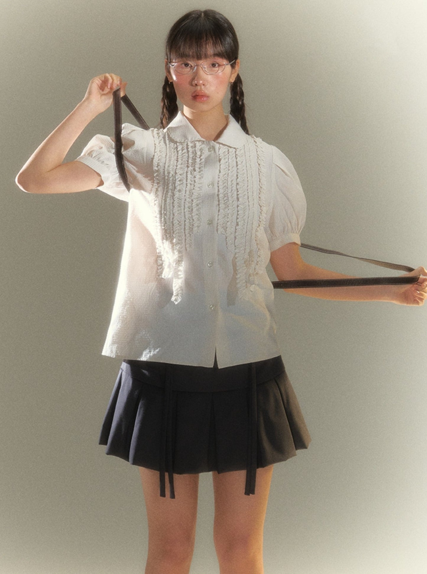 French Puff Sleeve Check Short Sleeve Top