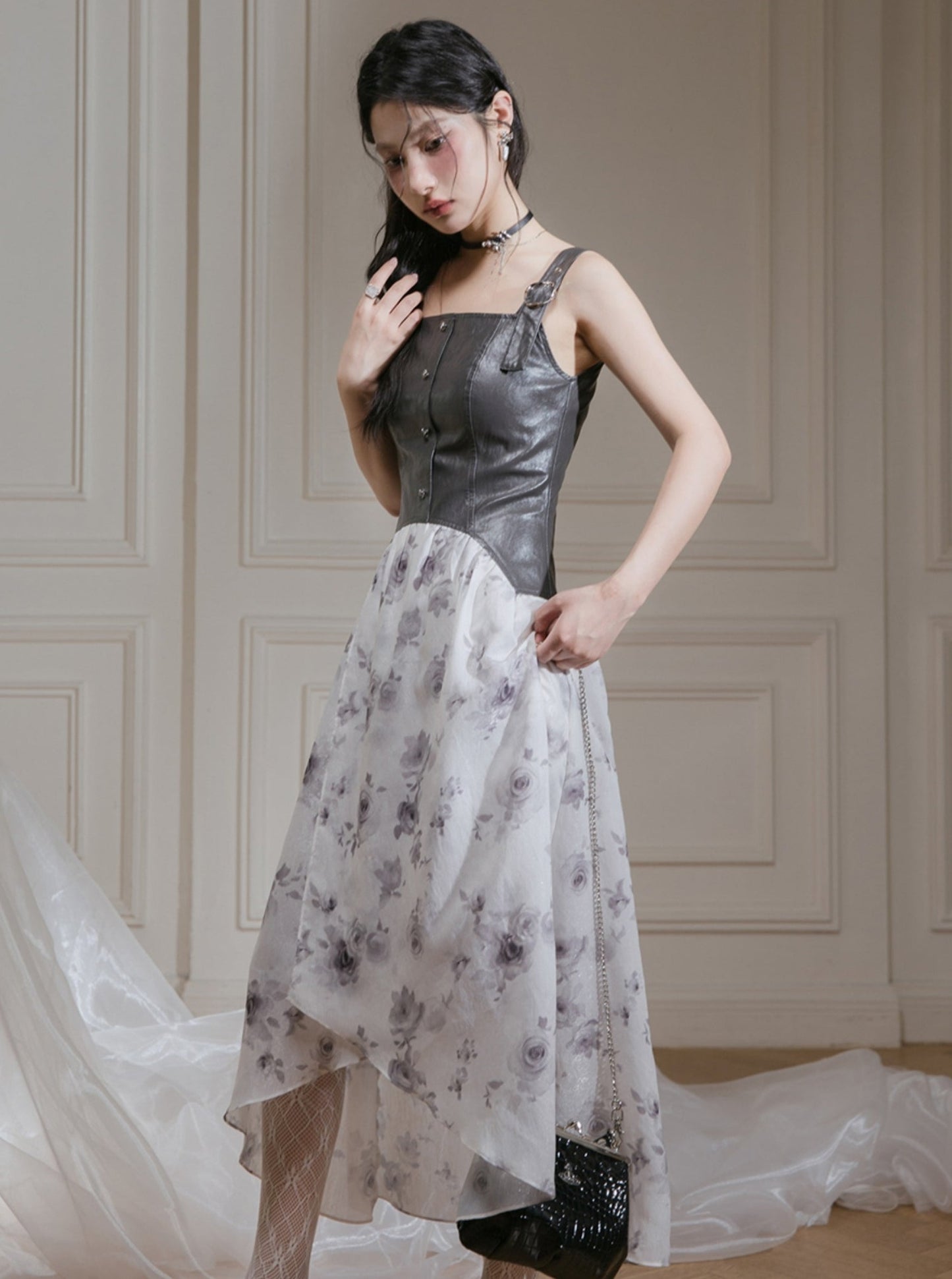 Grey Leather Rose Print Dress
