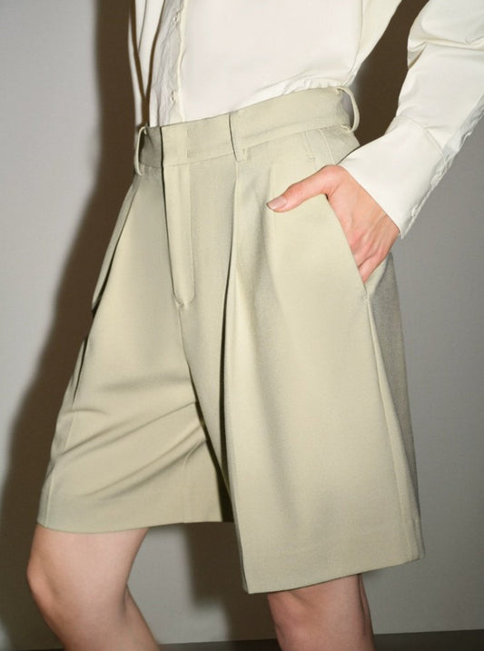 Double Press-Pleated High Waist Suit Shorts