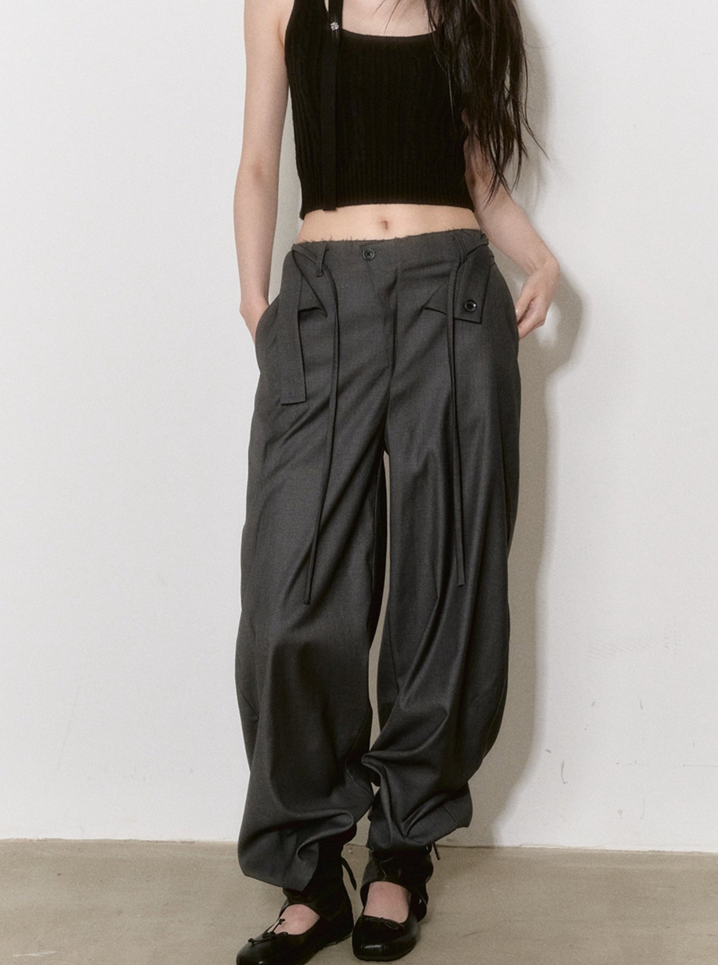 Turned-Up Gray Wide-Leg Pants