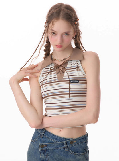 Contrast Striped Polo Knit Vest Top