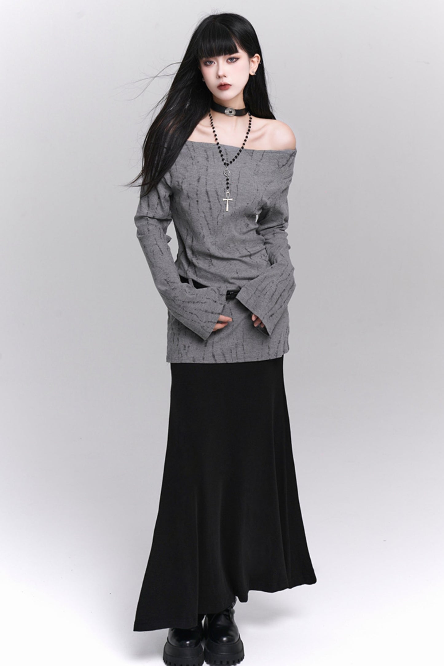 Ghost Girl Pre-Autumn Outfit 2024 New Sweet and Spicy One-Shoulder Top Sweet and Spicy CIC Long-Sleeved Knit