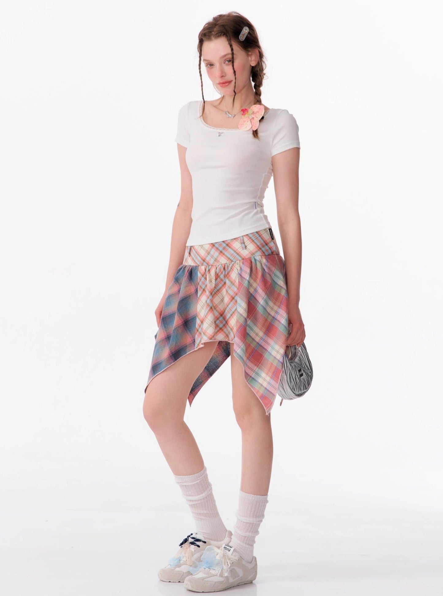 Contrast Stitching Pink Plaid Skirt