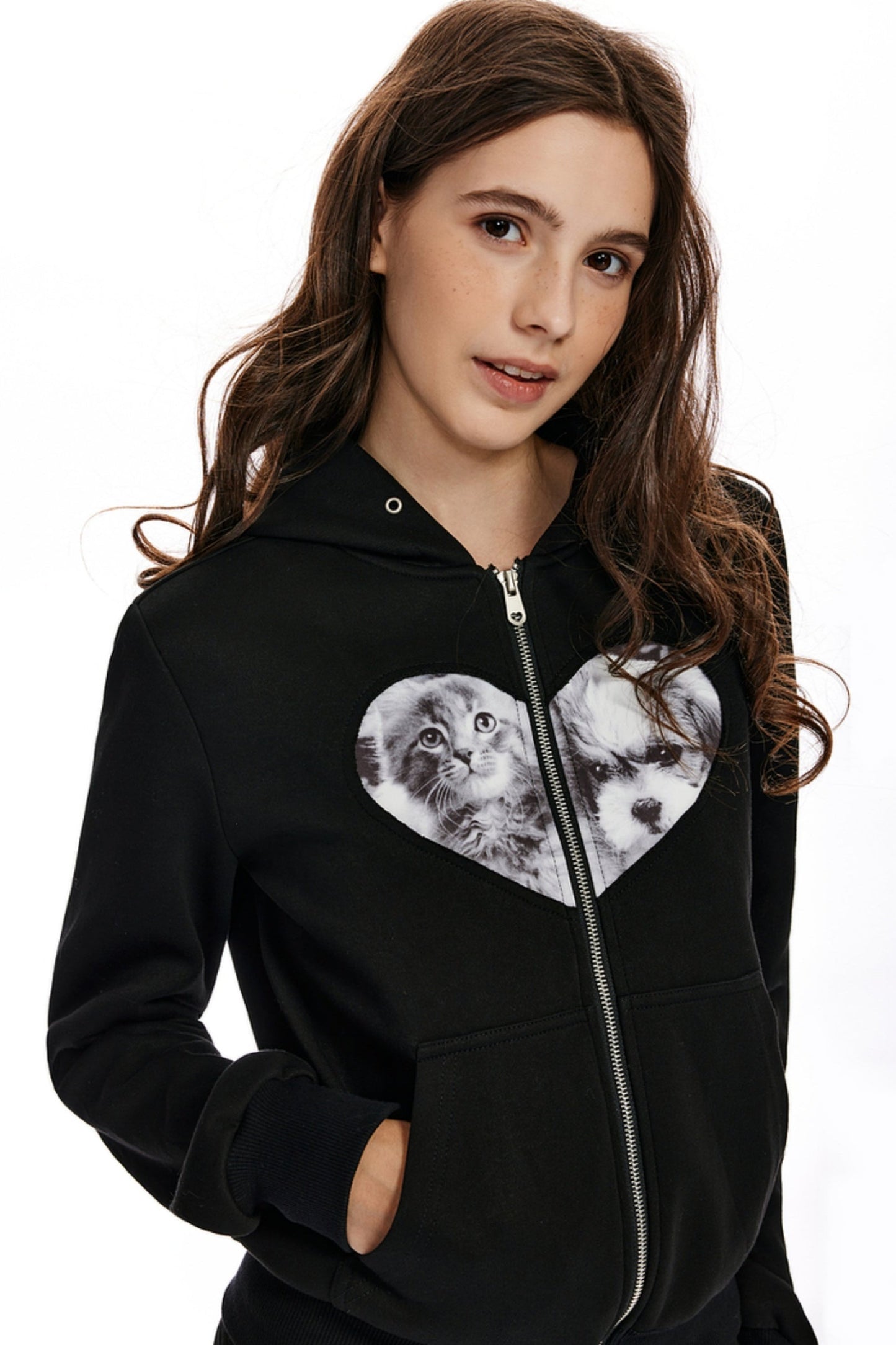 APEA American lässig Gefühl Katze und Hund Liebe Nähen Reißverschluss Top Frauen neue schlanke Kapuze Strickjacke Sweatshirt Jacke