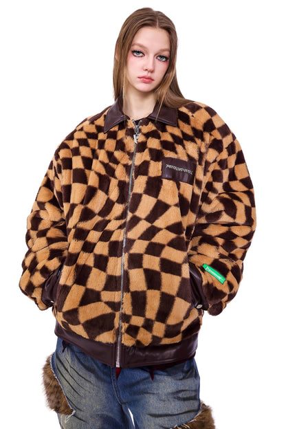 Checkerboard Plush Panel Coat