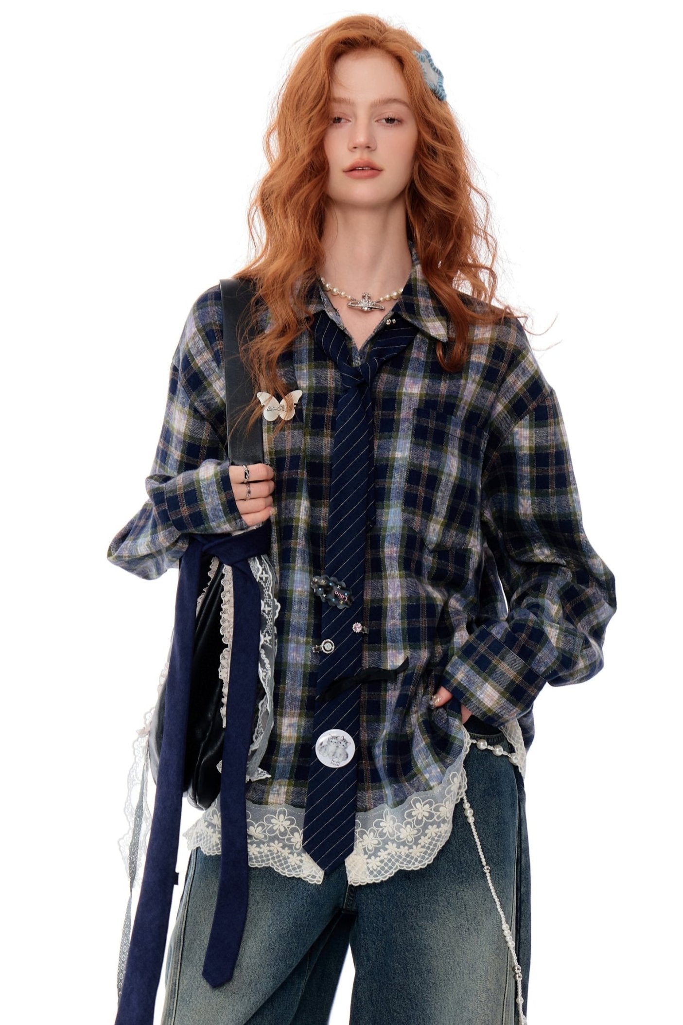 Blue Plaid Lace Stitch Loose Shirt