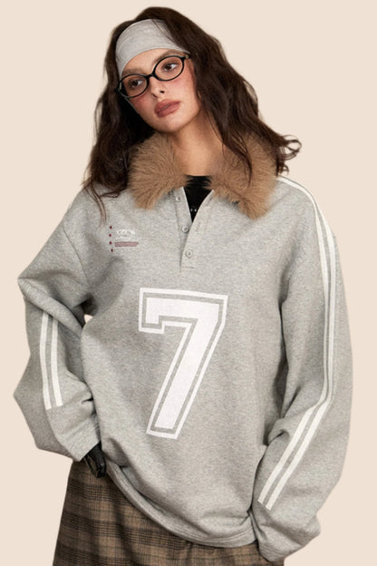 EZEK American Retro Pelz Kragen Nähte Sportliche V-Ausschnitt Sweatshirt Frauen Pre-Fall neue lose kontrastierenden Jersey Top