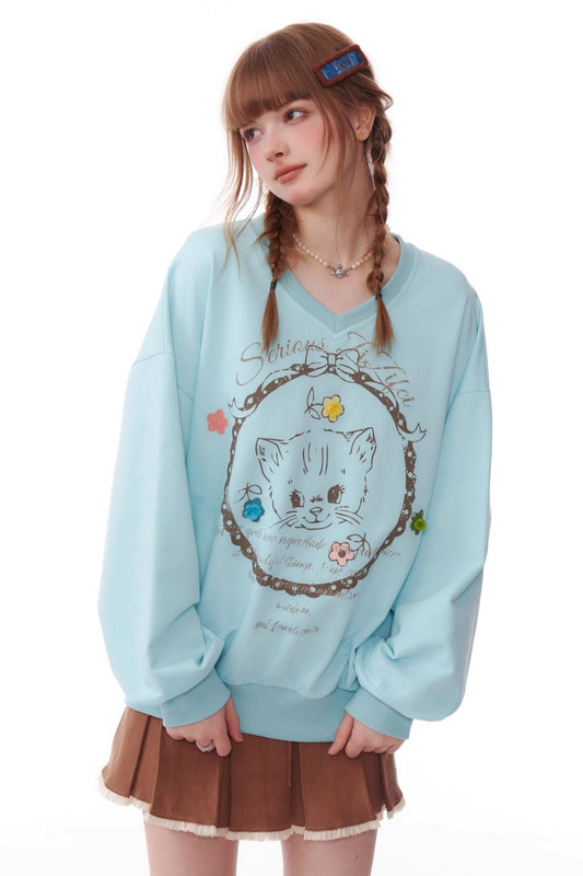 Cat Print Drawstring Loose Sweatshirt