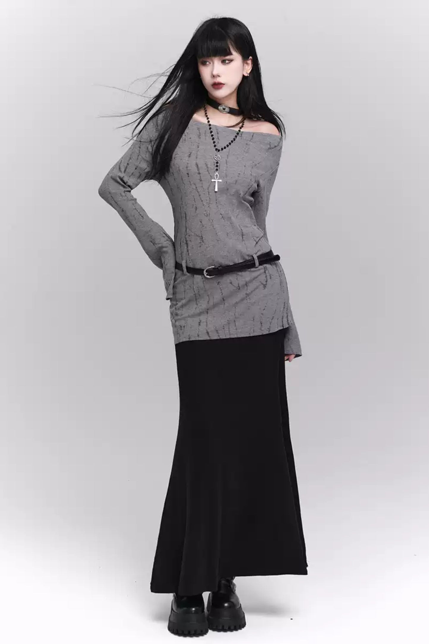 Ghost Girl Pre-Autumn Outfit 2024 New Sweet and Spicy One-Shoulder Top Sweet and Spicy CIC Long-Sleeved Knit