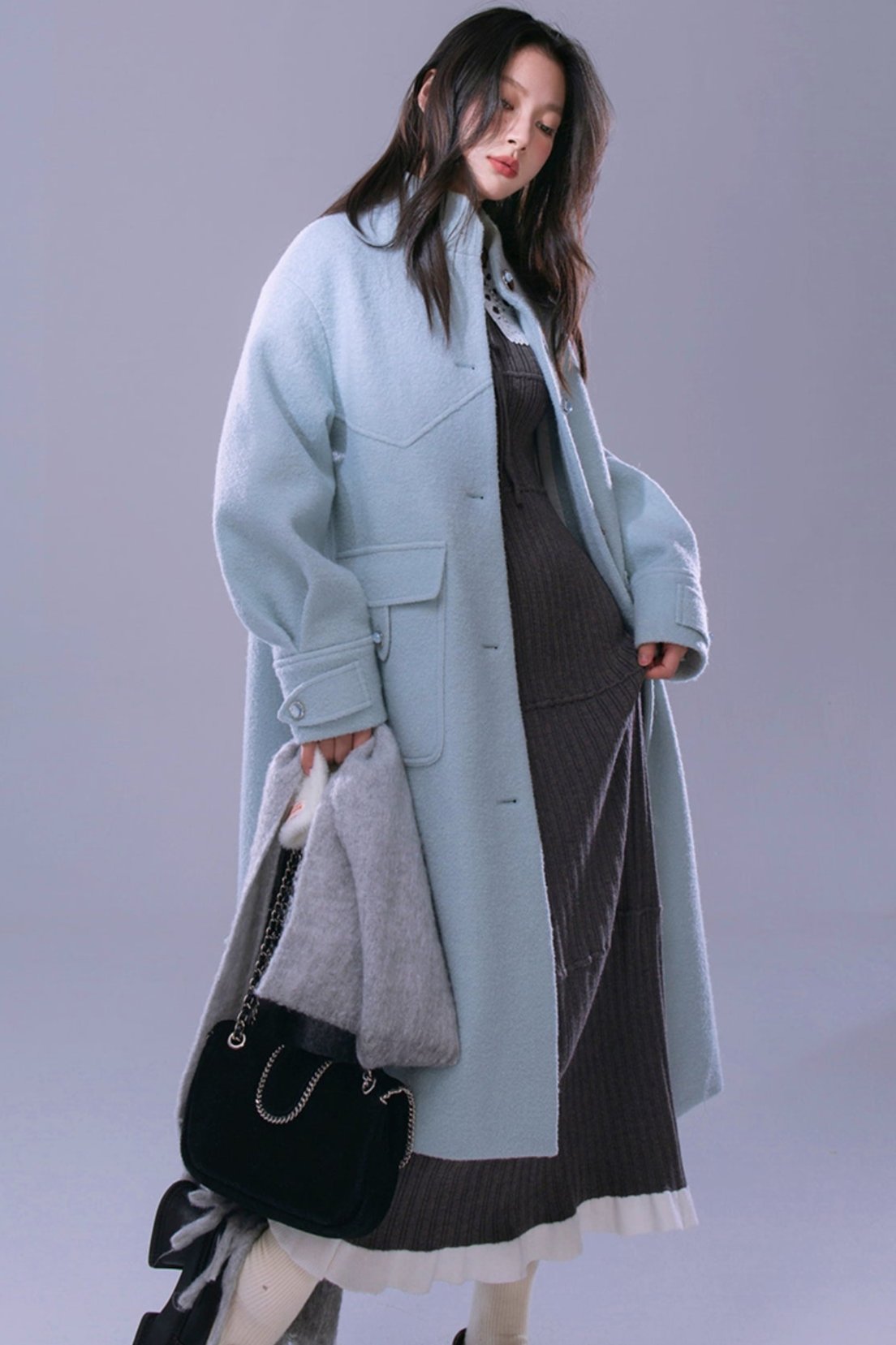 Blue Waxy Wool Long Coat